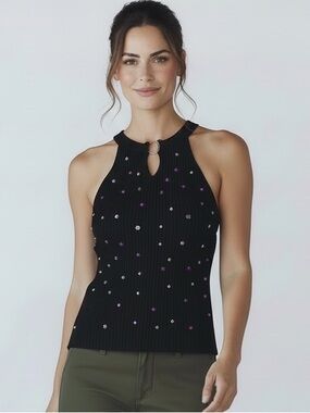 New Hana Cropped Ribbed Knit Halter Top Sleeveless with rhinestone decor Size M